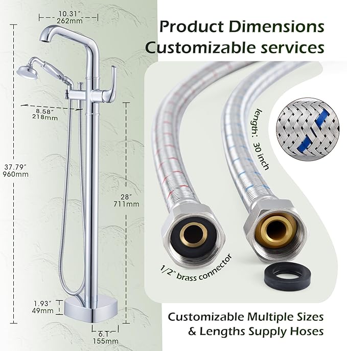 Luxury Free Standing Tub Faucet, Classic Brass Freestanding Bathtub Faucet, Lexdale Bathroom Floor Mount Tub Filler with handheld Sprayer Supply Lines Included Polished Chrome (LD8911-CP)