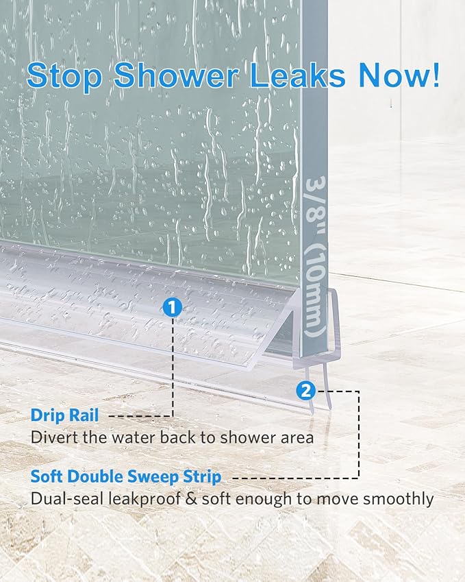 Shower Door Bottom Seal, 3Pack Shower Door Sweep Strip, Frameless Glass Doors Seal Strip for 3/8'' (10mm) Thick Doors, 39.3'' x 0.39'' Showers Water Guard Barrier