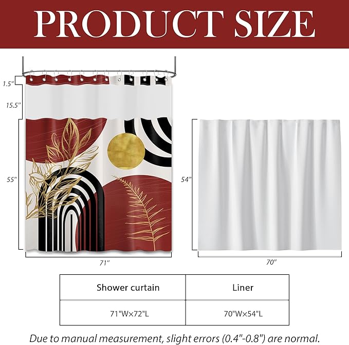 Black and Red Boho See Through Mesh Top Shower Curtain with Window, Dark Red Mid Century Modern Mens Double Layer Shower Curtains with Snap in Liner, Waterproof Fabric with Hooks, 71x72 in