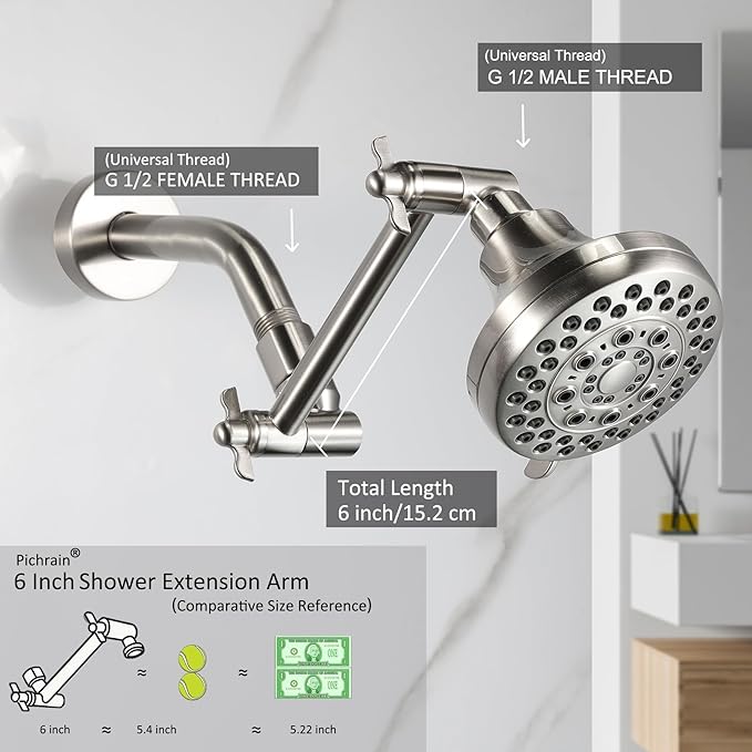 6 Inch Adjustable Shower Head Extension Arm, All-Metal Shower Arm Extender with Locking Set Screw for Rainfall, Fixed, Handheld Showerheads, G1/2 Universal Thread, Easy Installation, Brushed Nickel