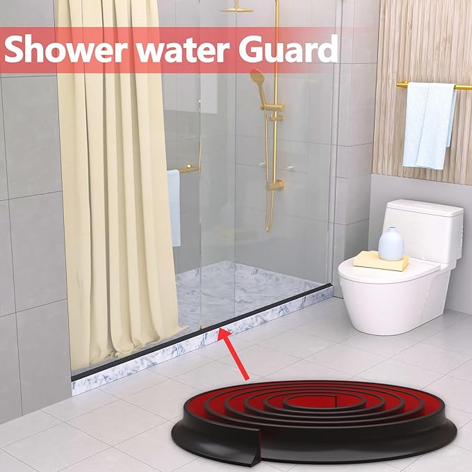 New Collapsible Shower Threshold Water Dam, Self Adhesive Silicone Waterproof Barrier Bathroom and Kitchen Water Strip Dam Shower Guard for Dry And Wet Separation Caulk Seal Strip Edge Trim(Black)