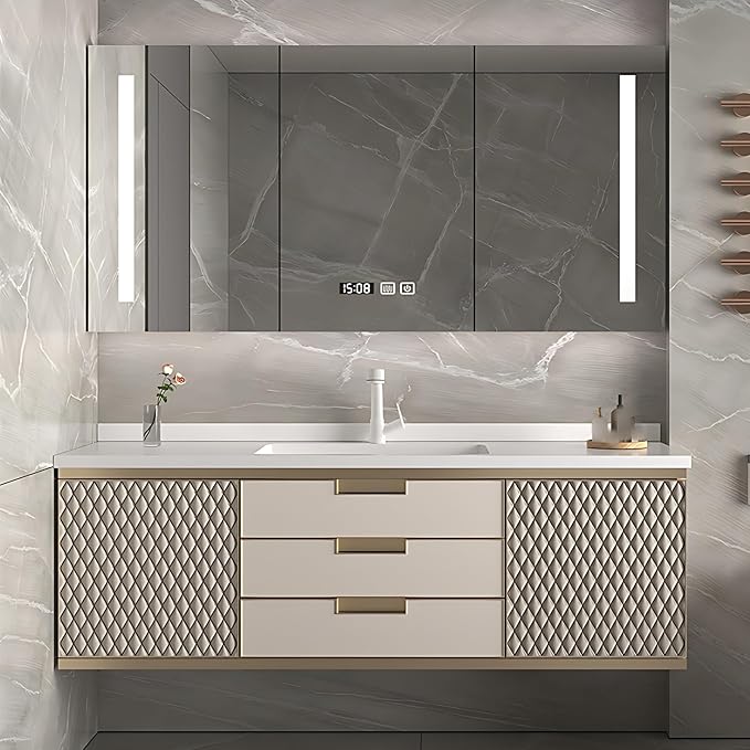 40IN Modern Bathroom Vanity - Wall-Mounted Bathroom Cabinet with LED Light | Intelligent Defogging Mirror Cabinet Includes Time Display Function, 2 Drawers & 2 Storage Cabinets (Style A)