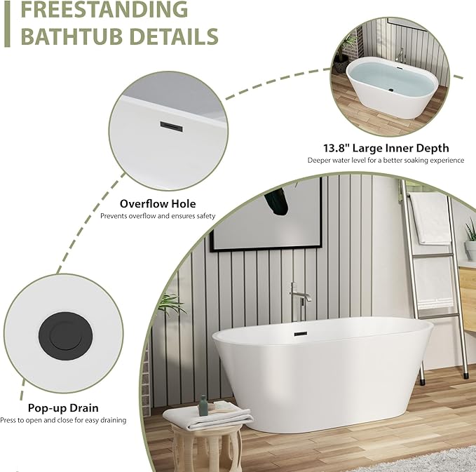 Mocoloo 59 Inch Freestanding Bathtub - Acrylic Soaking White Tub for Bathroom Stand Alone Ergonomic Modern Bathtub with Overflow and Black Offset Drain