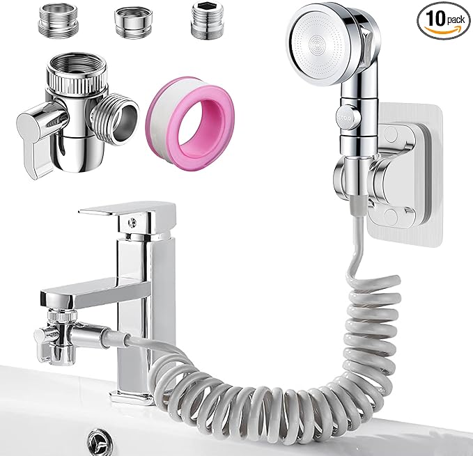 Sink Faucet Sprayer Attachment Set, Kitchen Bathroom Pet Bathing Shower Head with 9.8ft Hose and G1/2, 55/64", 15/16" Faucet Adapters, Hair Washing, Dog Shower and More