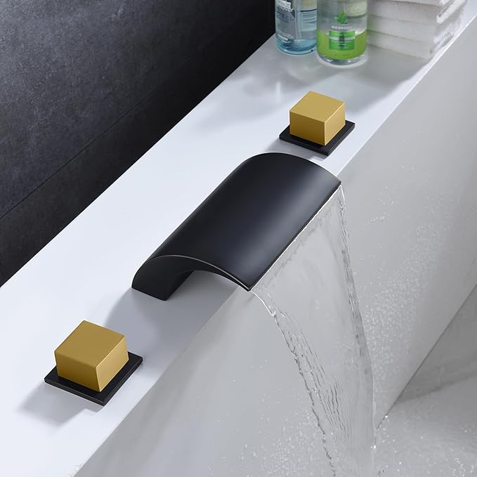 SUMERAIN Roman Bathtub Faucet 3 Hole Deck Mount High Flow Waterfall Tub Filler Black and Gold Finish