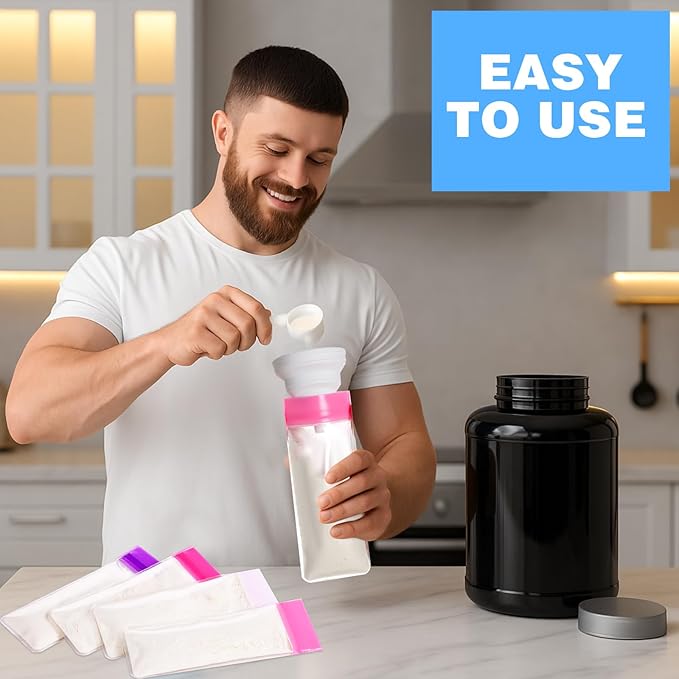 67pcs Protein Powder Travel Container Set 42 Single Dose Bags 6 Large Reusable Supplement Containers Portable Zip Pouches with Funnels Spoons Labels for Travel Gym Bath Salts Storage(Pink Purple)