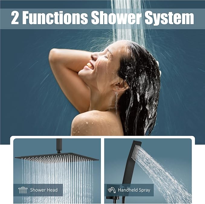 Aolemi Matte Black Ceiling Mount Rain Shower Head with Handheld Spray and High Pressure Faucet Set, Includes 16 Inch Shower Head and Trim Kit