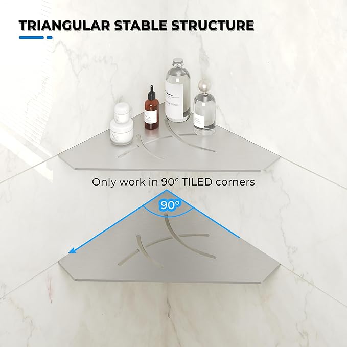 FerdY 2-Pack 10" Brushed Nickel Recessed Corner Shower Shelf, for Tiled Bathroom Walls, Floating Shower Shelf, 304 Stainless Steel Shower Caddy Storage Shelves, No Drilling Required, Irregular Diamond