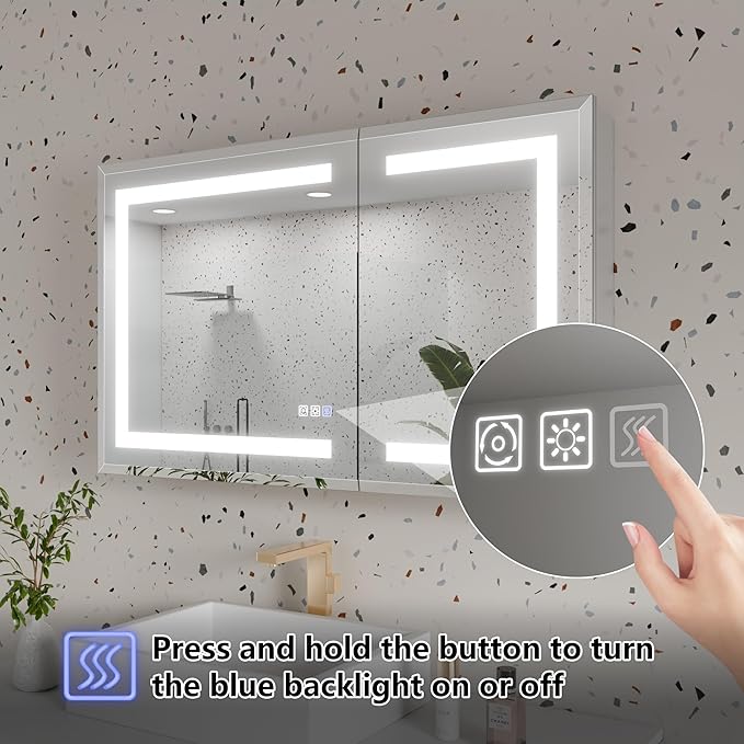 GroGro LED Lighted Bathroom Medicine Cabinet with Mirror, 40" W x 24" H Beveled Edge Medicine Cabinet with Lights,Surface or Recessed Mounting,Defog,Dimming,3-Color Temperature Adjustment