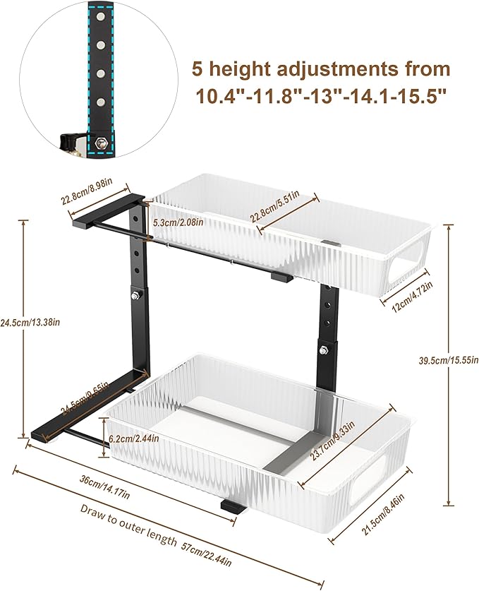 UMDONX Under Sink Organizer 2-Pack Adjustable Bathroom Under Sink Pull-Out Organizer with 5 Adjustable Heights for Kitchen, Bathroom & Laundry Storage