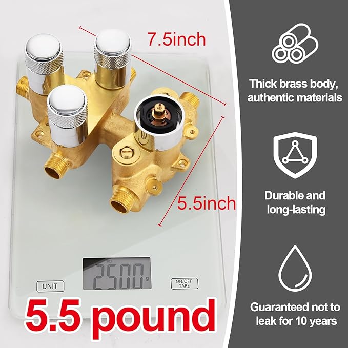 Push Button 3 Way Thermostatic Shower Diverter Valve, Concealed 3 Outlet Multi Function Brass Mixer Shower Valve Kit Can Control Flow and On-Off Simultaneously, Polished chrome