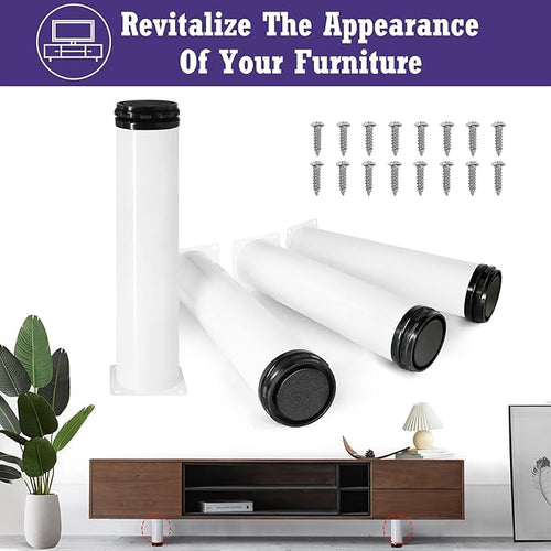 10 Inch Metal Furniture Legs Stainless Steel Adjustable Legs White Metal Legs Round Cabinet Legs for Coffee Table Cabinet Desk Sofa Shelves, Pack of 4