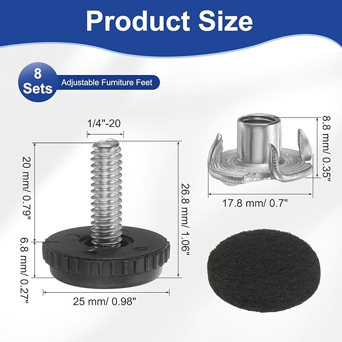 uxcell 1/4"-20 Thread Furniture Feet Levelers, 8Set 20mm L Adjustable Furniture Feet Screw in Threaded Leveling Leg Screw on Chair Foot Glides Leveling for Table Chair Cabinet Black