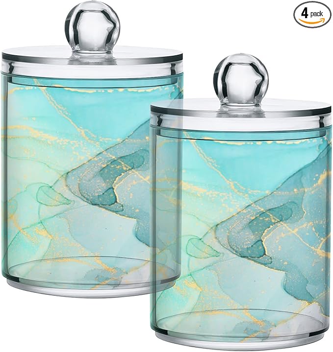 MNSRUU 4 Pack Qtip Holder Organizer Dispenser Modern Art Marble Teal Bathroom Containers Bathroom Vanity Storage Canister Apothecary Jars for Cotton Swabs/Pads/Floss