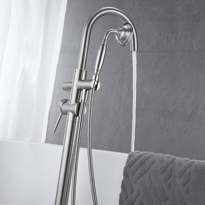 Tub Filler Freestanding Bathtub Faucet Brushed Nickel Floor Mounted Brass Bathroom Tub Faucets with Hand Shower