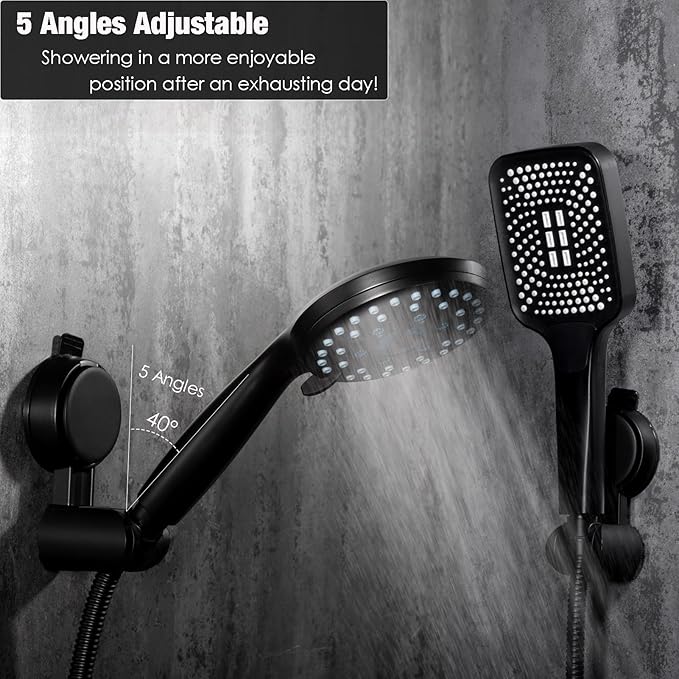 Suction Cup Hand held Shower Head Holder- Reusable - 5 Angles Adjustable - Bathroom Wall Mount Shower Wand Holder - Matte Black
