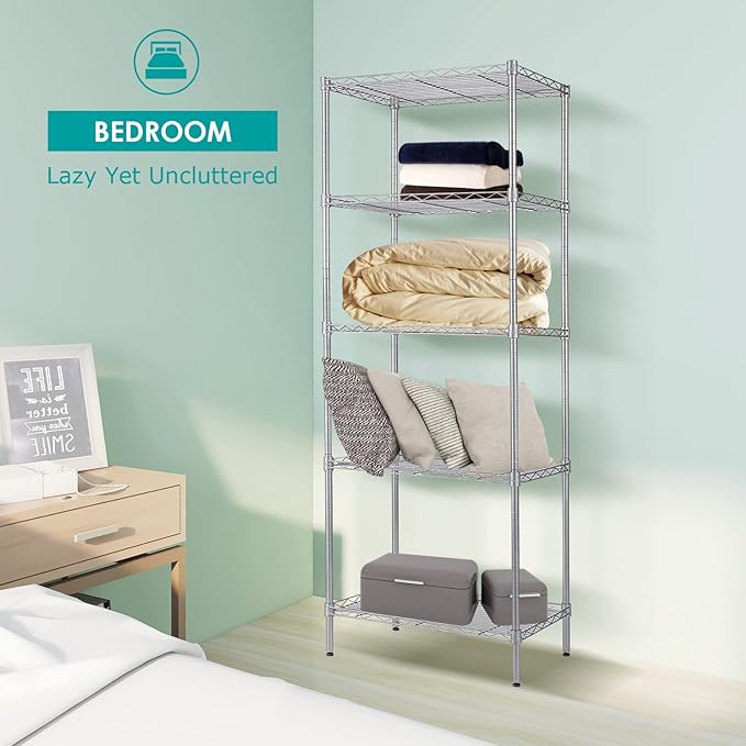 BNSPLY 5 Tier Wire Shelving Unit, Adjustable Wire Rack Shelving, Changeable Metal Wire Storage Shelves for Kitchen, Laundry, Bathroom, Balcony, Pantry (11.4" D x 21.3" W x 59" H, Silver)
