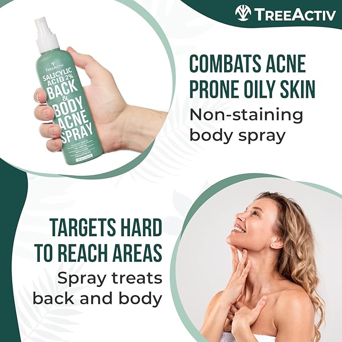 Salicylic Acid Back & Body Acne Spray, Back Acne Solution For Women And Men, Acne Body Spray with Tea Tree Oil, Fast-Drying Back Acne Spray, Fine Mist, Back Acne Spray, 4 fl oz, 2-pack