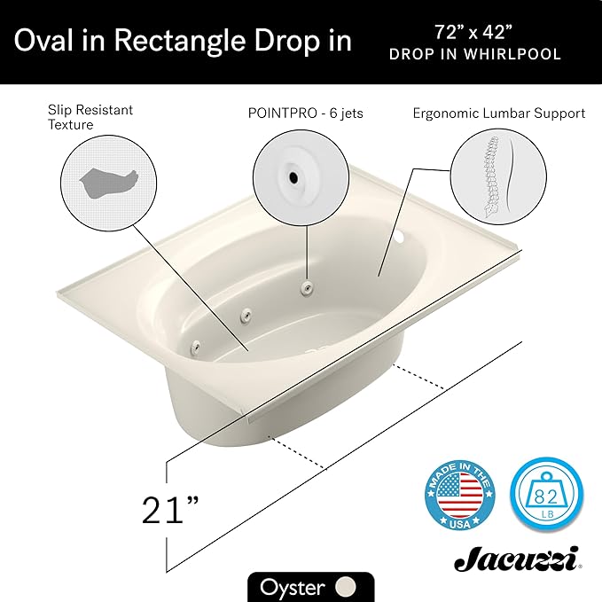 Jacuzzi SIGNATURE Acrylic Drop-In Bathtub, Jet Massage Tub, Slip Resistant, Left Drain Placement, 72" (L) x 42" (W), Oval In Rectangle, Oyster
