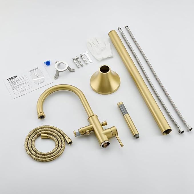 Free Standing Tub Faucet Brushed Gold Freestanding Bathtub Faucet Floor Mount Brass Bathroom Tub Filler with Hand Shower