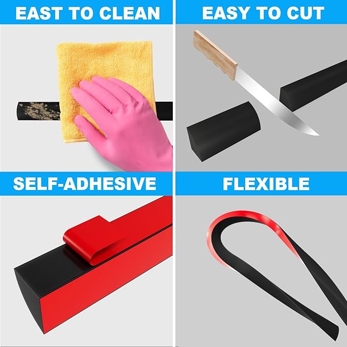 Duzzy 240 Inch Flexible Quarter Round Molding, Peel and Stick Silicone Rubber Trim Suitable for Wall Edge Floor Corner,Staircase Cabinet Edge Black