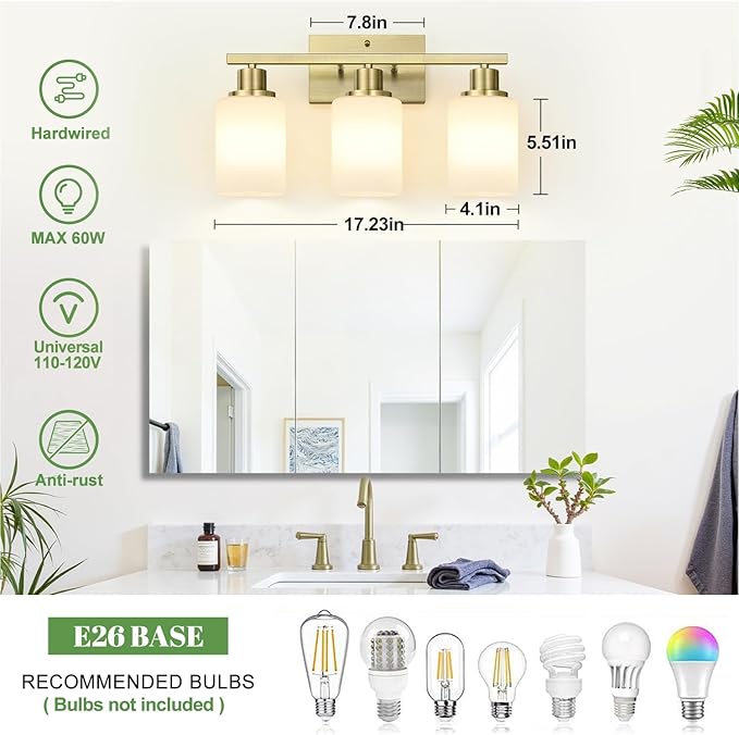 3-Light Bathroom Light Fixtures, Aged Brass Vanity Light with Milky White Shades, Bathroom Lighting Fixtures Over Mirror, Modern Bathroom Wall Lamp for Mirror Living Room Cabinet Bedroom