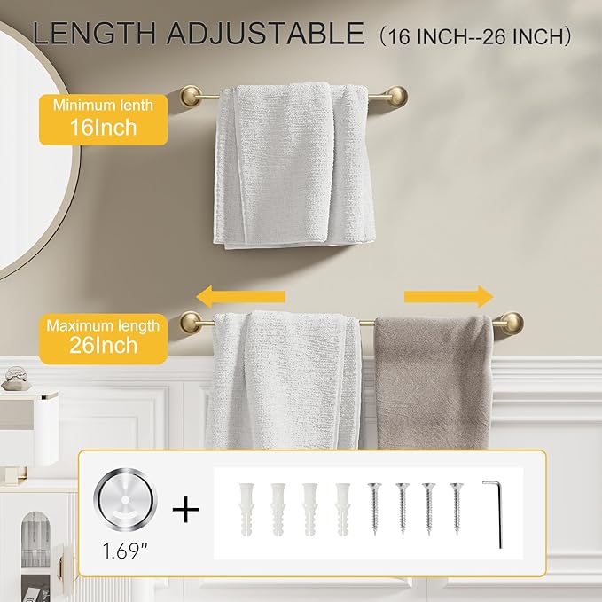 BESy Adjustable Antique Brass 16.5 to 28.7 Inch Bath Towel Bar Rack for Bathroom Towel Holder Wall Mounted Towel Bar Rod Hanger Bathroom Hardware Accessories Hotel Style Stainless Steel Antique Brass