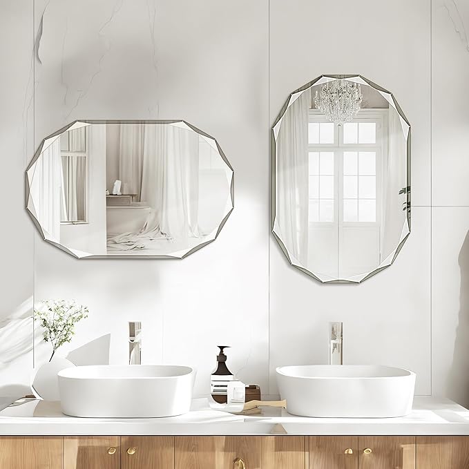 Bathroom Mirror for Wall, 20" x 30" Oval Mirror, Bathroom Vanity Mirror, Beveled Edge Frameless Wall Mount Vanity Mirrors, Wall Mirrors Decorative, Irregular Beveled Edge Mirror
