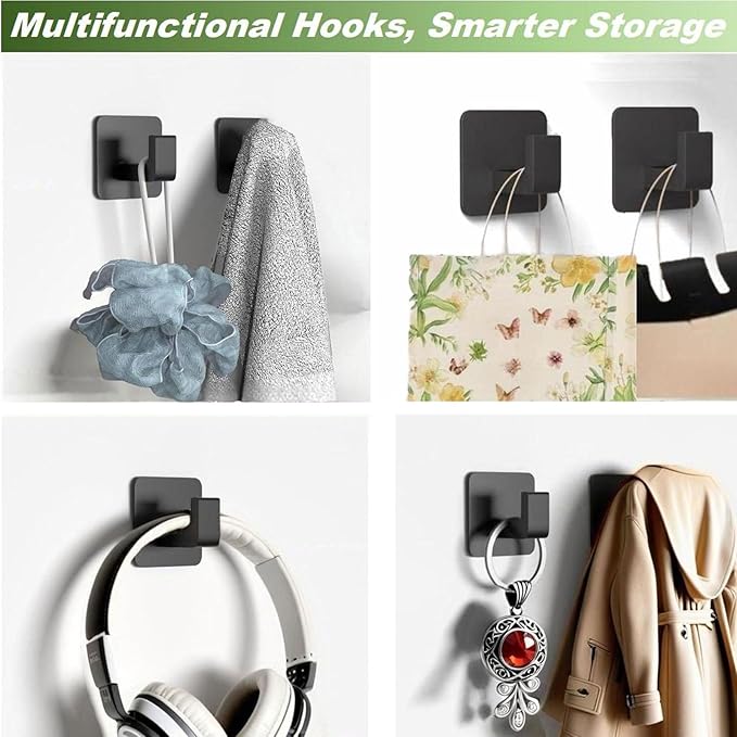 Adhesive Towel Hooks, Shower Hooks for Hanging Robe, Coat, Hat, Loofah, Heavy Duty Wall Hooks Stick on Bathroom, Kitchen and Office (4 Pack, Black)
