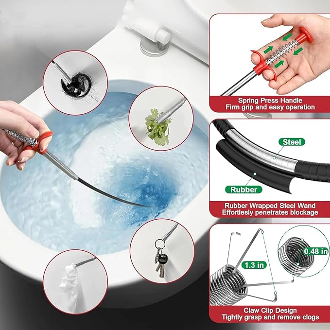 Drain Snake,61 inch Flexible Grabber Claw Pick Up Reacher Tool,Drain Clog Remover - Gutter Cleaning Tools for Home Sink, Bathroom Tub,Drain, Toilet, Tight Spaces