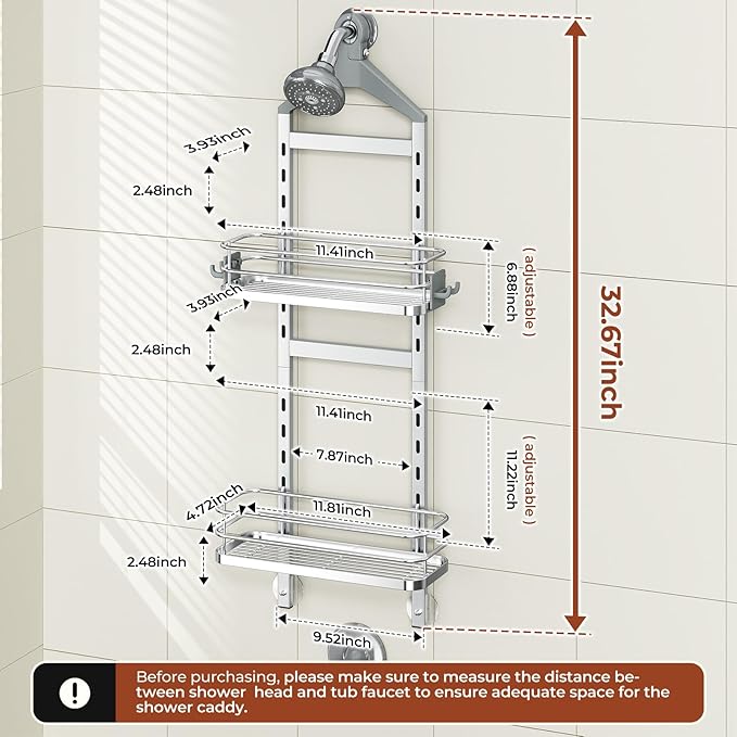 Orimade Aluminum Hanging Shower Caddy Over Head, Adjustable Bathroom Shelf with Hooks, Anti-Slip Rustproof Organizer Storage Rack Basket, Silver, 2 Tier