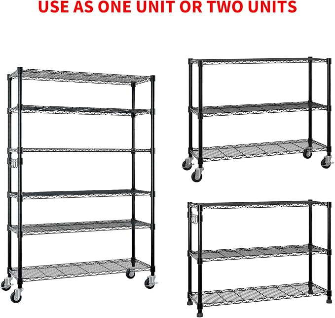 6 Tier Storage Racks Shelving, Heavy Steel Pantry Shelves, Adjustable Wire Shelving Rack with Wheels, Suitable for Garage, Kitchens, Bathroom, Offices, 46" W x 17.7" D x 82" H, Black