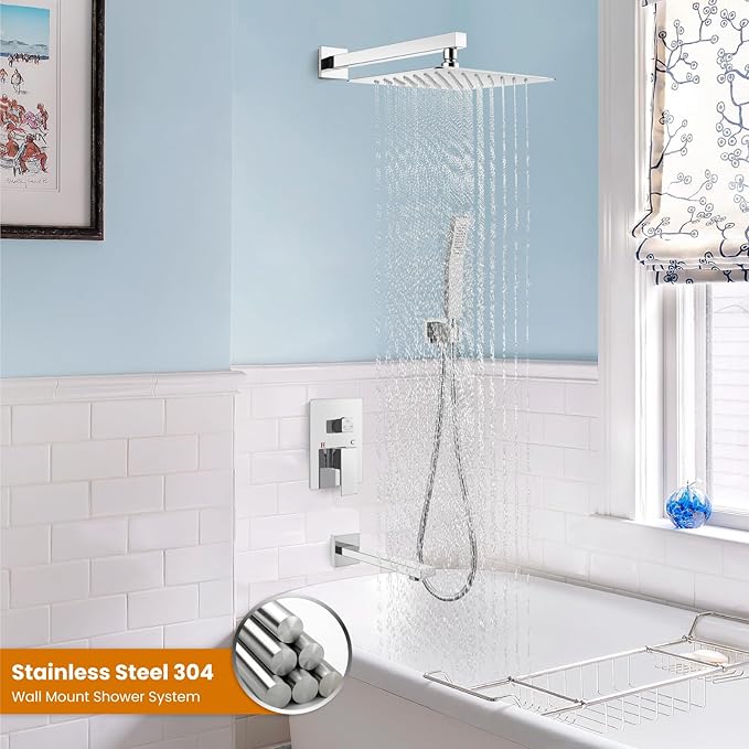 gotonovo Shower System with Tub Spout Wall Mounted Rain Shower Head and Handle Combo Shower Faucet Set with Valve, 12 Inch, Polish Chrome