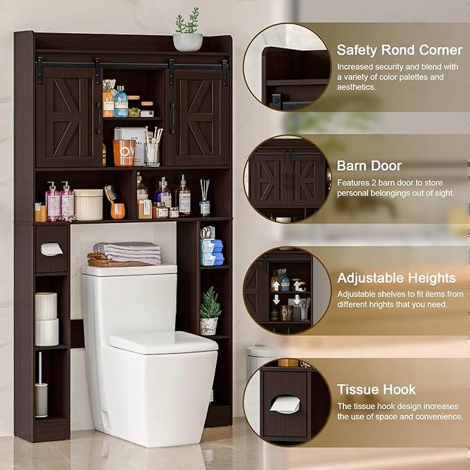 Over The Toilet Storage Cabinet, Farmhouse Toilet Cabinet Rack with Barn Doors, Space Saving Bathroom Organizer with Shelves, Toilet Paper Holder and Towel Rack for Bathroom,Restroom,Laundry,Walnut