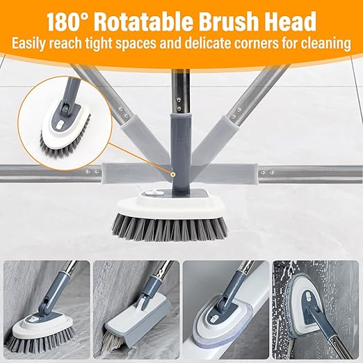 4 in 1 Tile Shower Cleaner Brush, Long Handled Scrub Brush for Shower with Adjustable Long Handle Floor Scrub Brush for Cleaning Bathroom/Shower/Tub/Tile/Kitchen/Glass/Wall