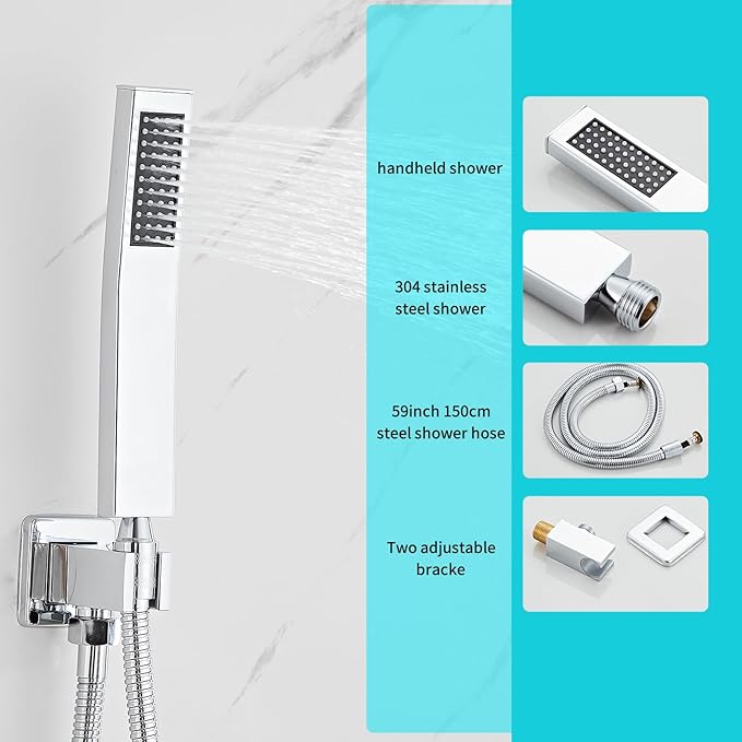 8 Inch Shower Faucet Set, Ceiling Mounted Rainfall Shower System with High Pressure Handheld Shower Head, Bathroom Mixer Rough-in Valve and Trim Shower Kit, Polished Chrome, with Tub Spout