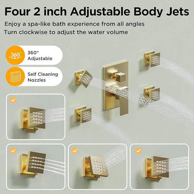Shower Systems with 4 Body Spray Jets, STARBATH 4 Way 12+6" Rainfall Shower Head with Handheld Combo, Wall Mounted Shower Jets System in Wall Shower Faucet Sets Complete,Brushed Gold