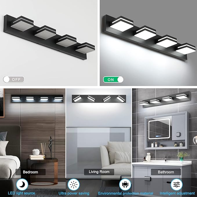SineRise LED Modern Bathroom Vanity Light Fixtures (4-Light, 30-Inch), Matte Black Modern Acrylic Bathroom Wall Lighting Fixtures Over Mirror (Cool White 6000K)