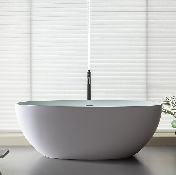 SJ STAR&JANE 69" Solid Surface Freestanding Bathtub,Matte White Stone Resin Soaking Tub, Modern Stand Alone Tub for Bathroom, Integrated with Overflow & Pop-up Drain