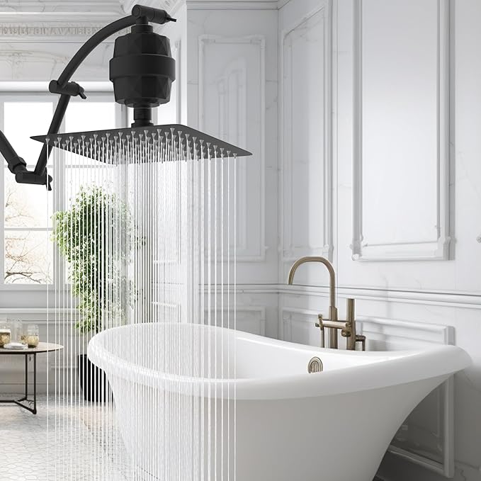 Hibbent All Metal Rain Filtered Shower Head, 10'' High Pressure Rainfall Showerhead with 16" Shower Head Extension Arm, 20 Stage Shower Filter, Solid Brass Adjustable Shower Arm Extender, Matte Black