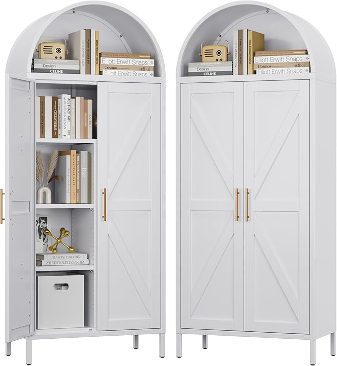 Kitchen Pantry Cabinet, Metal Arched Storage Cabinet with Doors and Adjustable Shelves, Farmhouse Cupboard for Dining Room, Living Room, Bathroom(White