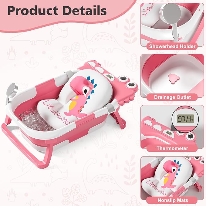 Collapsible Baby Bathtub for Newborn, Foldable Baby Bath Tub with Thermometer & Soft Floating Cushion & Drain Hole, Portable Travel Infant Bath Tubs for Newborns to Toddler 0-36 Months Girl, Pink