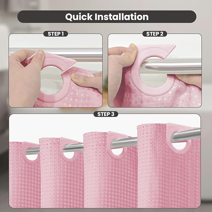 Inhousolu No Hook Waffle Weave Shower Curtain with Removable Snap in Fabric Liner Set for Bathroom, 230 GSM Heavy Duty Weighted Hem, Water Repellent Washable Bath Curtains, 72 x 72 Inch, Pink
