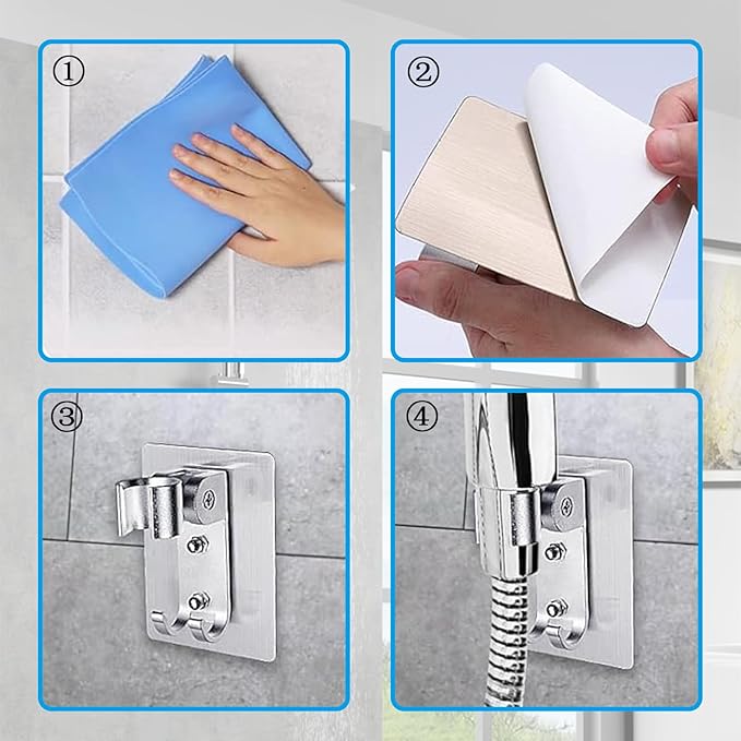Shower Head Holder,Adjustable Handheld Shower Wand Holder with 2 Hanger Hooks,Strong Adhesive Shower Holder Wall Mount Bracket,Shower Bracket Holder for Home,Bathroom,No Drilling Need