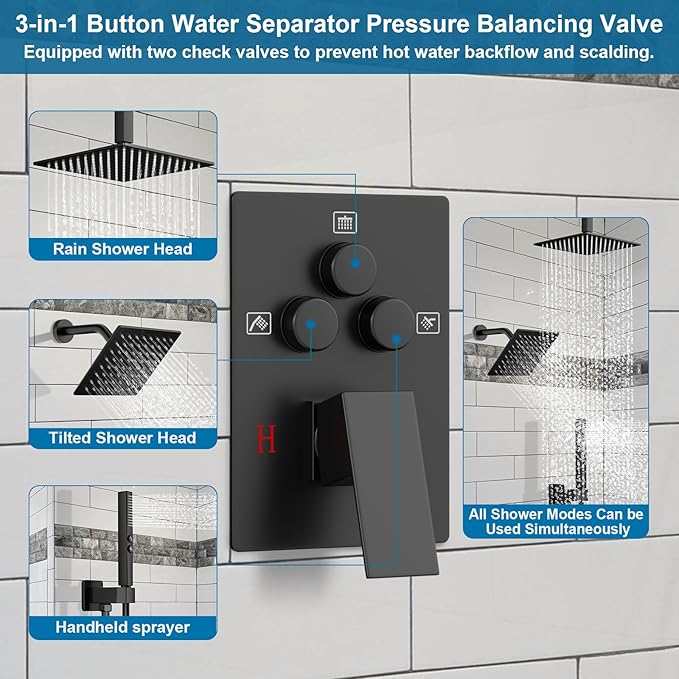 Shower Faucet Set Matte Black Shower System, Ceiling Mount 10 Inch Shower Head With Wall Mount 6 Inch Shower Head and 2 in 1 Handheld Spray, Push Button Diverter Shower Valve Trim Kit Complete
