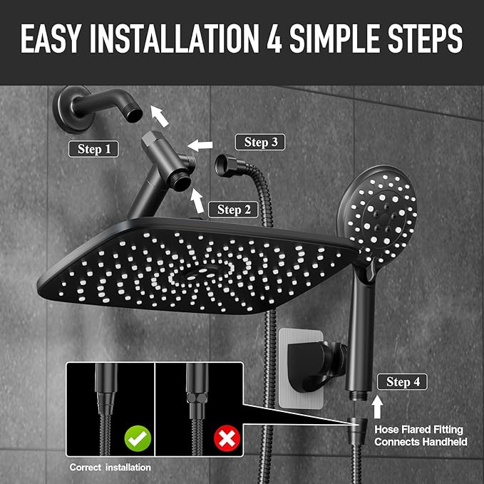 Veken 11.8'' Rain Shower Head with Handheld, High Pressure Rainfall Showerhead Combo with 5 Handheld Water Spray Modes for Bathroom Accessories, Home Decor, Detachable Dual Shower Heads, Matte Black