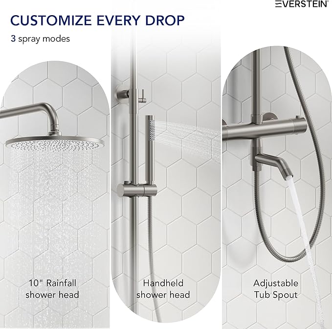 Exposed Shower System with Tub Spout, EVERSTEIN 10 inch High Pressure Shower Faucet Set, 3-Function Wall Mount Rain Showerhead with Handheld Sprayer, Outdoor Bathroom Fixtures, Brushed Nickel