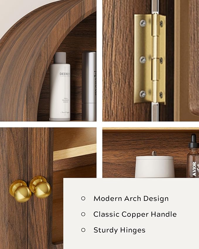 Arched Wall Cabinet with Acrylic Door, Large Wooden Wall Mounted Bathroom Cabinet, Modern Hanging Medicine Cabinet with Adjustable Shelf and Open Shelf, Brown/Oak