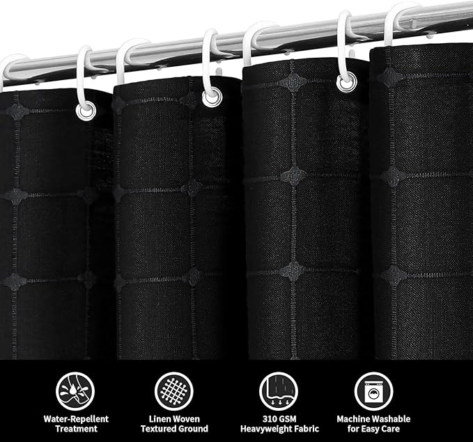 MitoVilla 72 x 84 Black Boho Extra Long Shower Curtain, Modern Farmhouse 84 inch XL Polyester Linen Texture Tassel Fabric Shower Curtain for Cottagecore Country Bathroom Decor