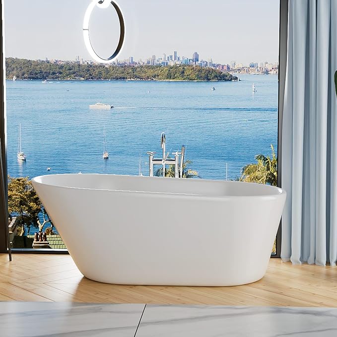 61" Acrylic Freestanding Bathtub, Single Slipper Free Standing Tub, Soaking Tub with Integrated Slotted Overflow, Toe-Tap Chrome Drain, cUPC Certified, Glossy White